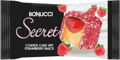 BONUCCI SECRET Prajitura de vanilie cu glazura de ciocolata alba si sos de capsuni 45 gr